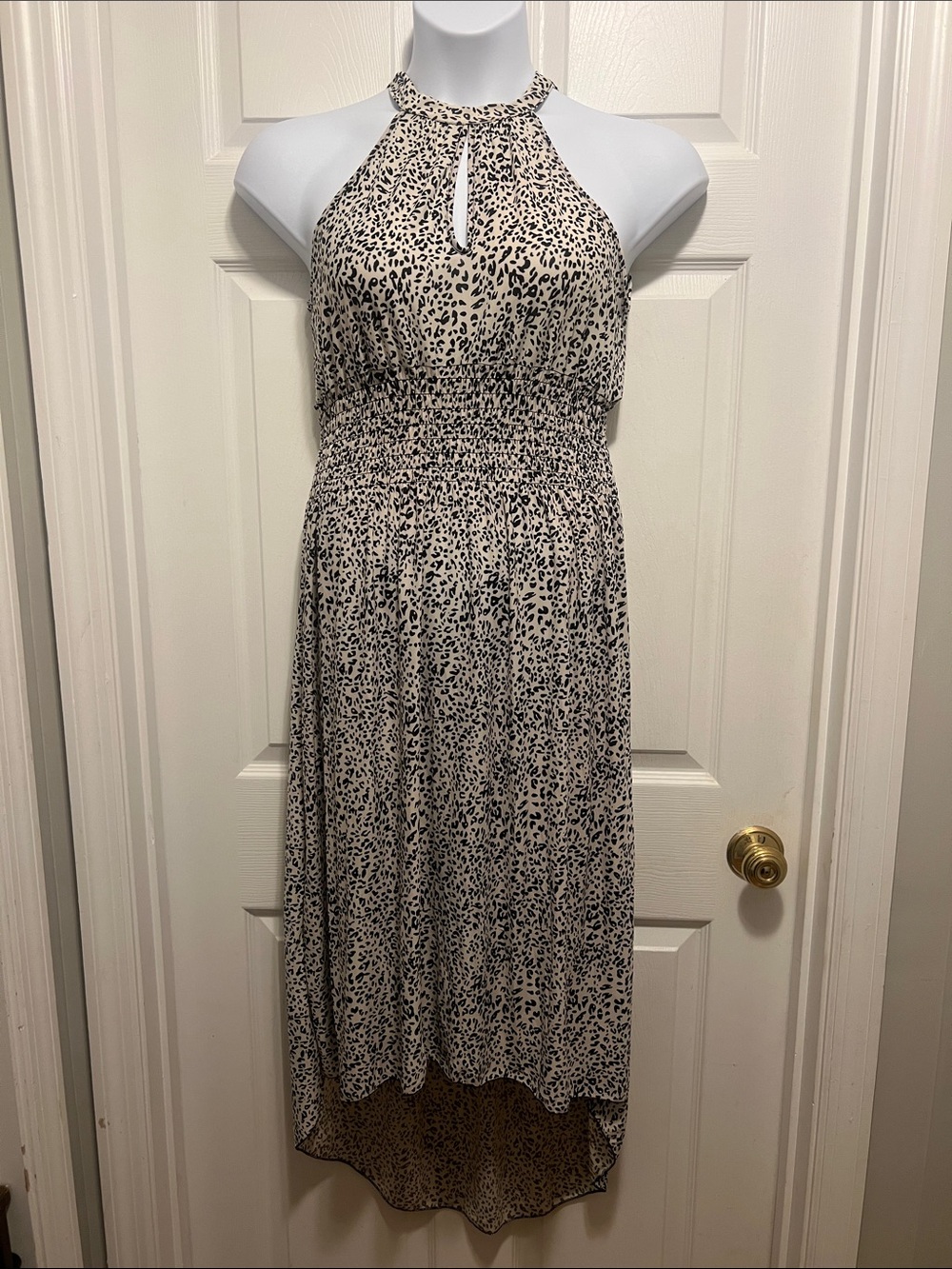 Smocked Halter-Neck High/Low Dress in Cream and Black Animal Print